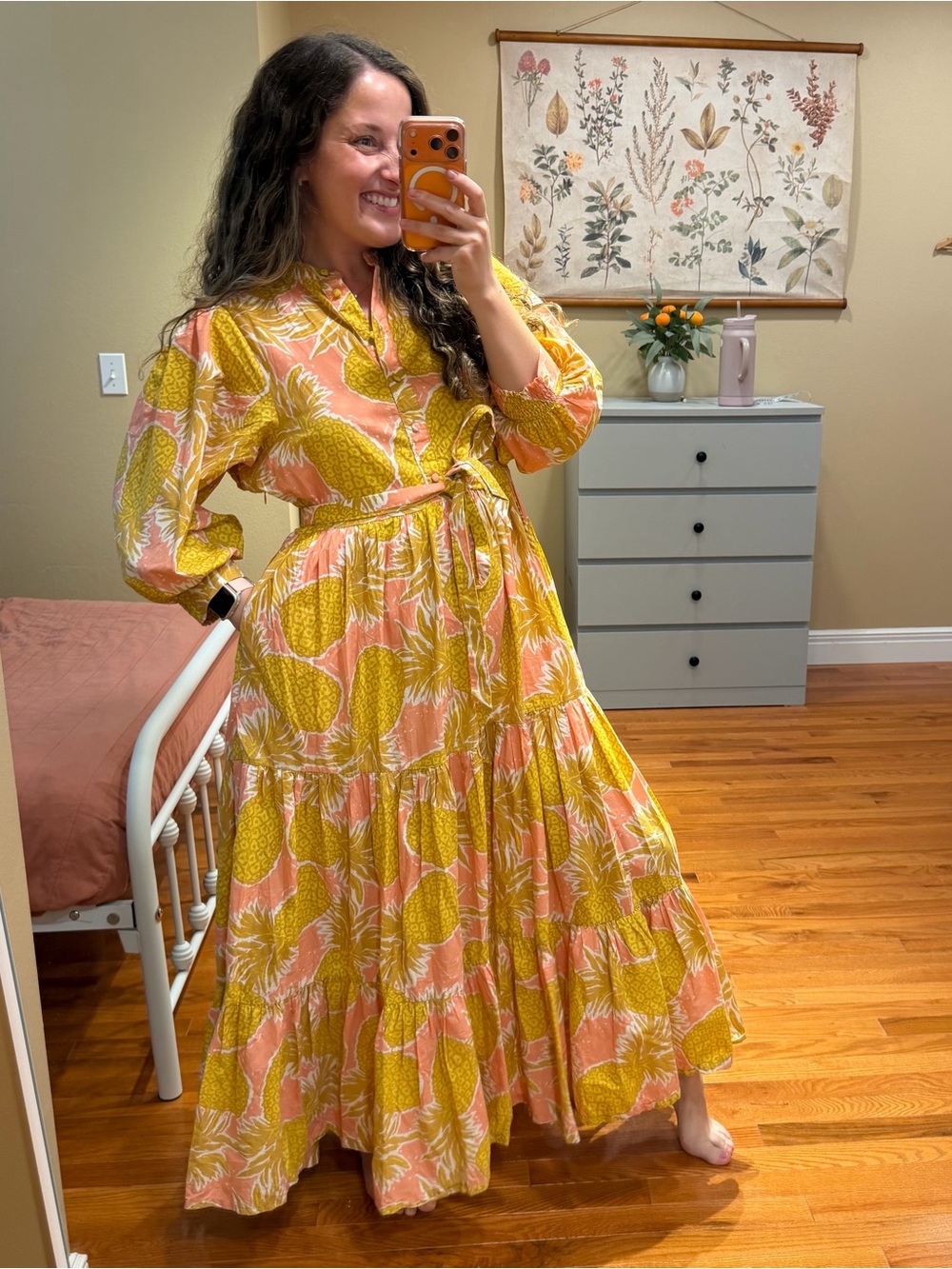 Boden Cotton Long Sleeve Women’s Pink & Yellow Pineapple Print Maxi Dress 10P